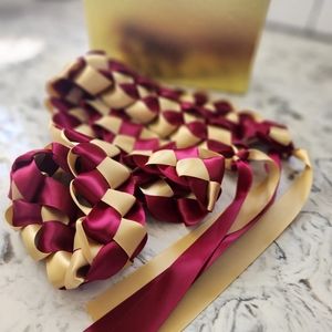 Crimson and Gold Satin Ribbon Lei 38"